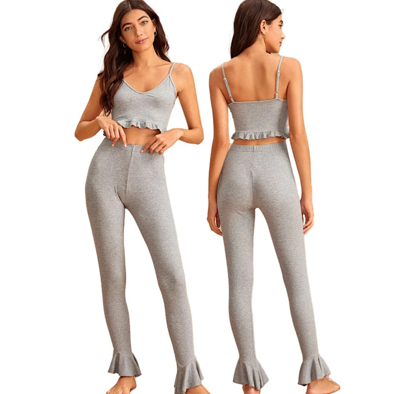 Ruffle Frill Rib Knit Cami Lounge Wear Yoga Solid Soft Clothing Pijamas Summer Cotton Jersey Women Pajamas