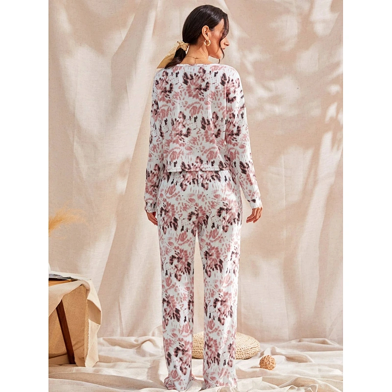 2022 New Arrival Tie Dye Drop Shoulder Women Waffle Knit Home Lounge Wear Cotton Pajama Set