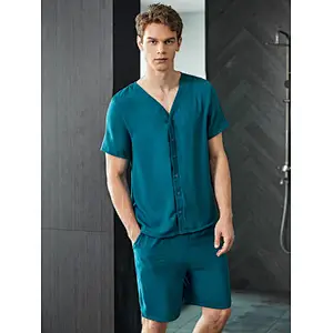 Men Luxury New Designer Solid Plain V Neck Shirt & Shorts PJ Set