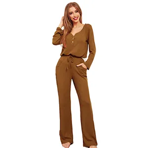 Cozy Femme Pyjamas Solid Waffle Tops With Pants Lounge Wear Set Designer Sleepwear Cotton Women Pajama Set