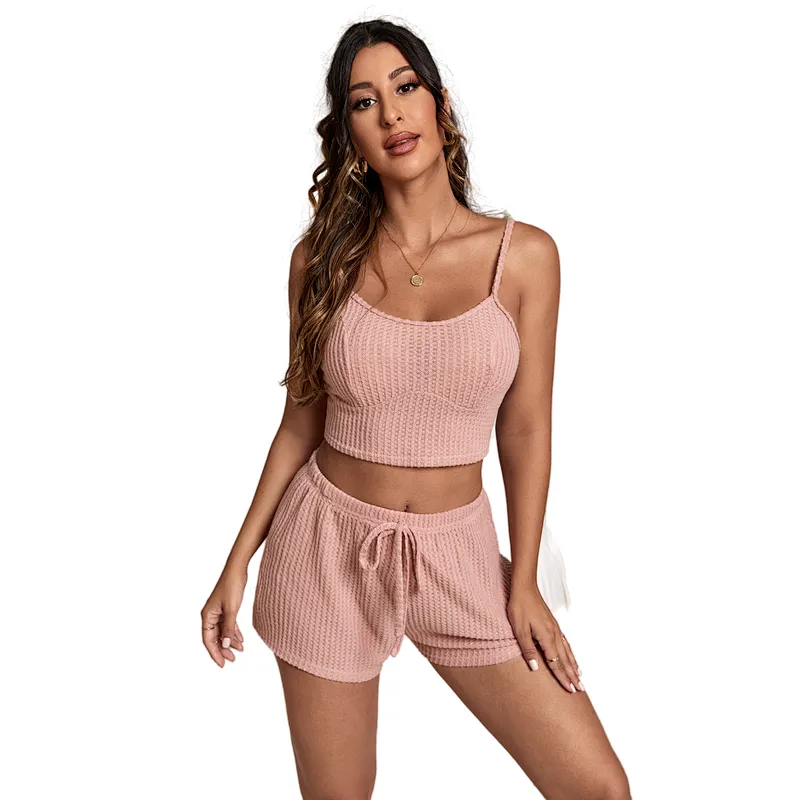 Wholesale Ladies Pyjama Waffle Solid Pijama Cami Sleepwear Pajama Set Women Cotton Pajama Set