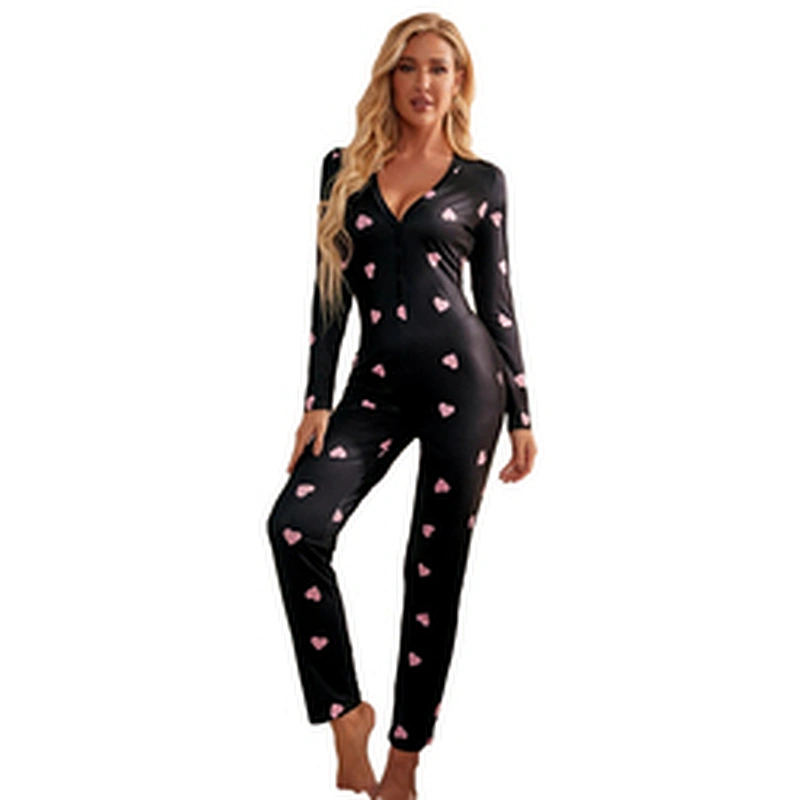 Custom Valentine Pajamas Women Button Front Romper Heart Print Valentine's Day Onesie