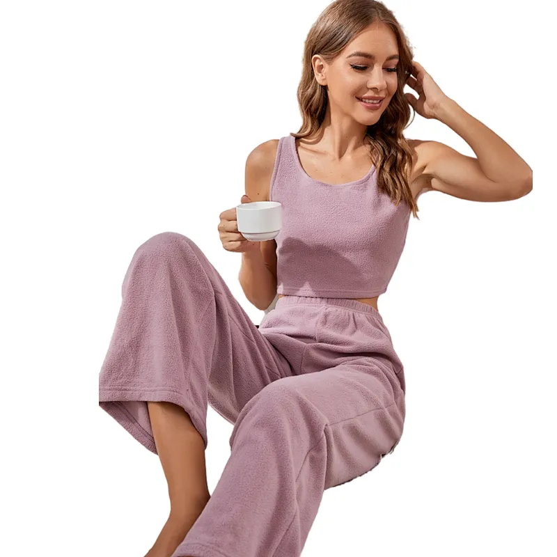 Solid Teddy Plush Tank Top Pants Girl Custom Designer Lounge Wear Sets Soft Cotton Pjs Women Pajamas