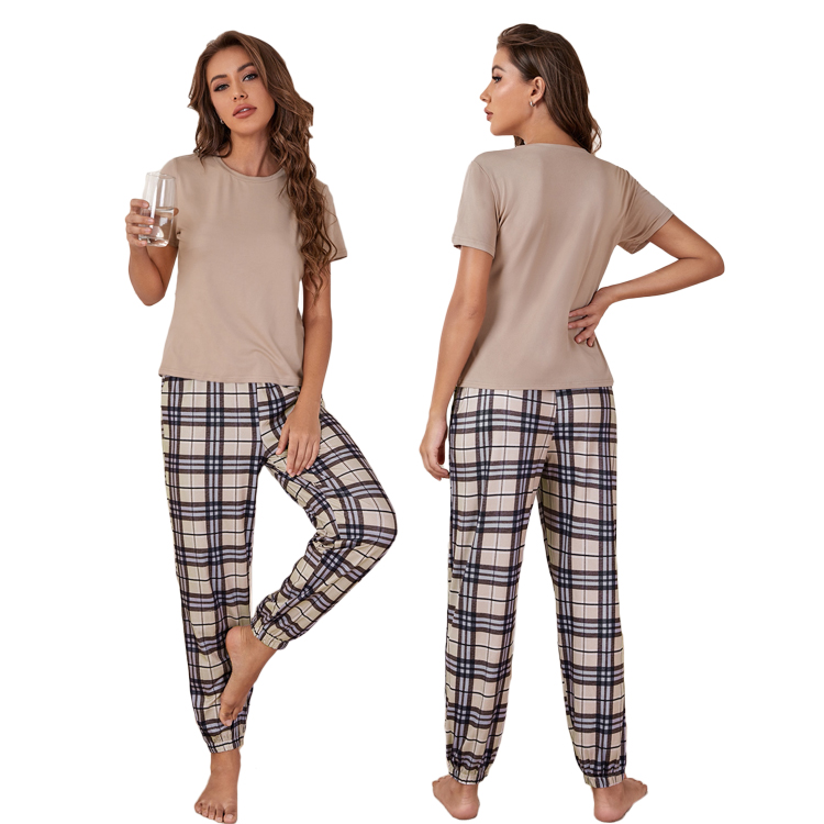 Custom Women Cotton Pajama Set Solid Tee & Plaid Pants Wholesale Loungewear