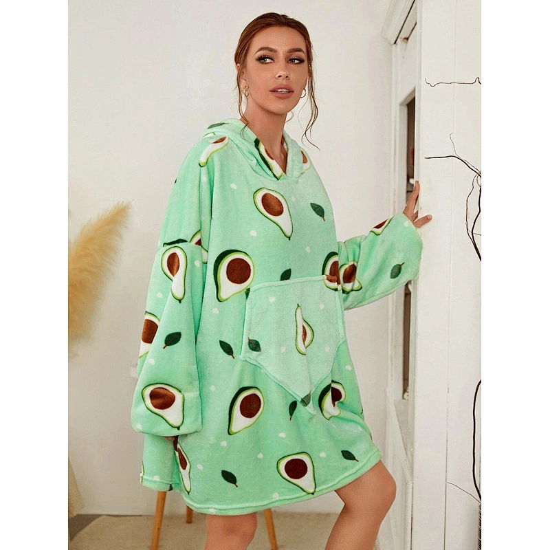 Winter Loungewear Fruit Print Pocket Front Drop Shoulder Hooded Flannel Sleep Dress