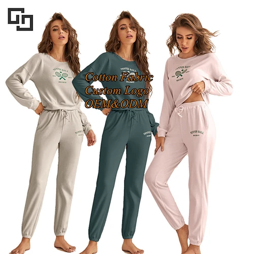 Custom Long Sleeves Fashion Pyjamas bamboo Knitted Sleepwear Set Solid Winter 2 Pieces Pajamas For Women
