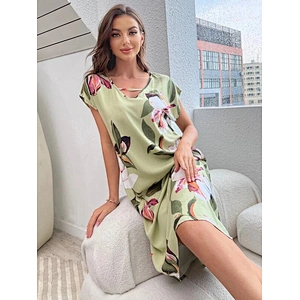 New Custom Breathable Women's Nightgown Floral Print V-cut Dolman Sleeve Nightdress