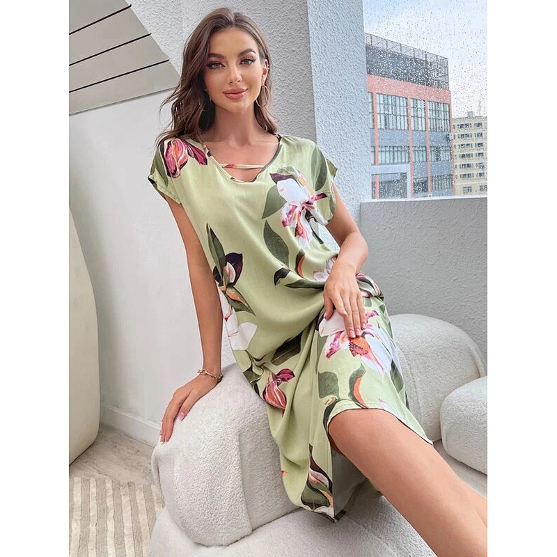 New Custom Breathable Women's Nightgown Floral Print V-cut Dolman Sleeve Nightdress