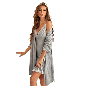Lace Trim Ruffle Femme Sleep Wear Solid Jersey Knit Cami Dress Robe Sets Chemise Bamboo Cotton Women Bath Robes