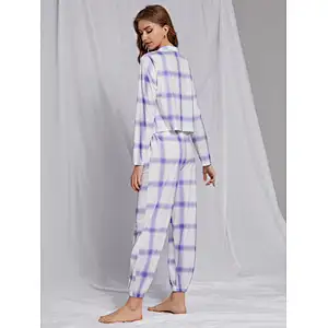 2022 Custom Plaid Print Top Pants PJ Set Winter Homewear For Adults Women Cotton Pajama Set