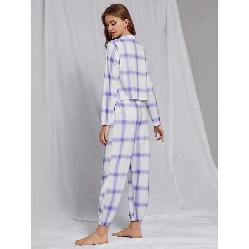 2022 Custom Plaid Print Top Pants PJ Set Winter Homewear For Adults Women Cotton Pajama Set