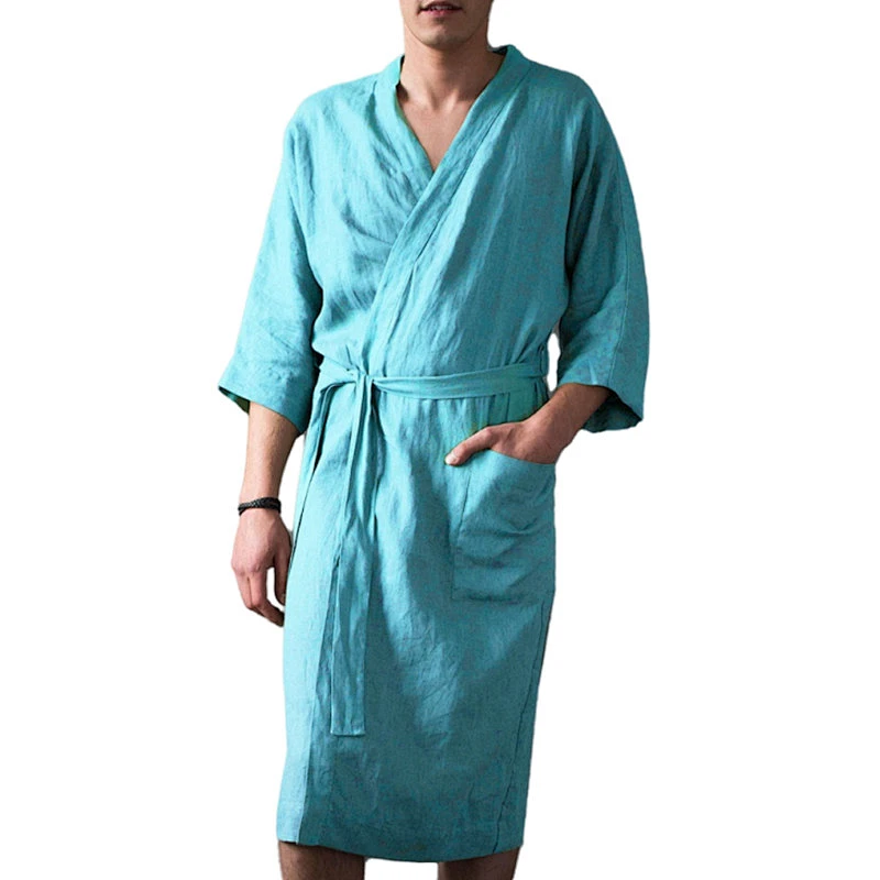 Custom Cotton Solid Bandage Linen Longue Robe Full Length Linen Designer Winter Men Bath Robes