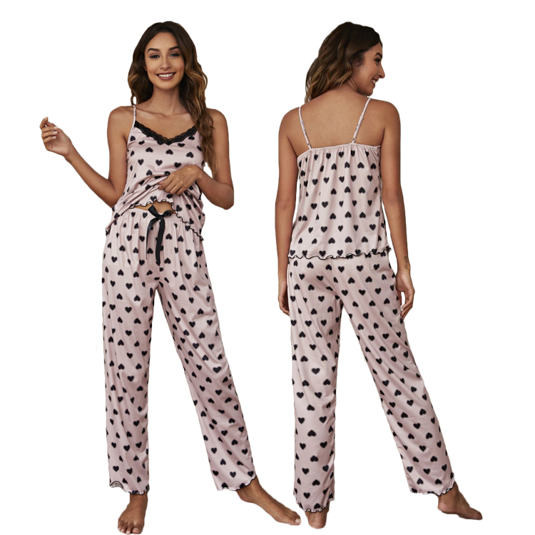 Cami Top and Pants Designer Pajamas Two Piece Lace Pajamas Spaghetti Strap Heart Print Loungewear