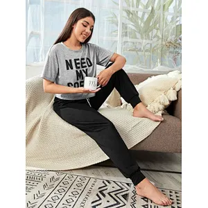 Wholesale OEM Custom Pajamas Slogan Letter Drawstring Waist Pyjamas PJ Set Women Lounge Wear