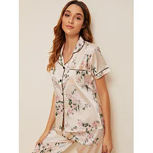 Custom Designer Floral Leaf Print Women Loungwear Home Sleep Wear Satin Silk Pajama Set