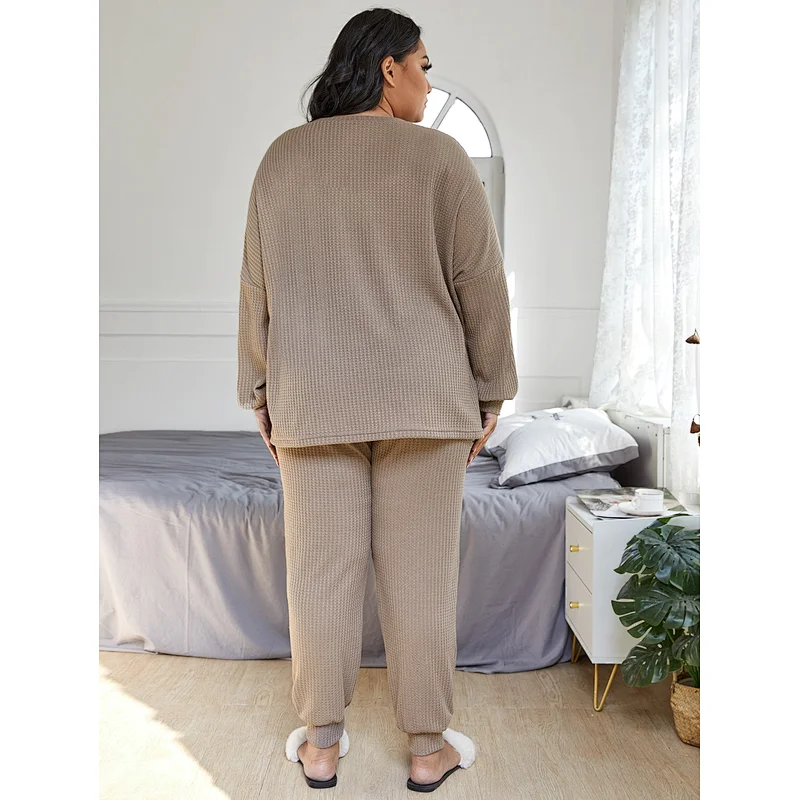 Custom Waffle Knit Women Waffle Pajama High Low Hem PJ Set Plus Size Pajamas