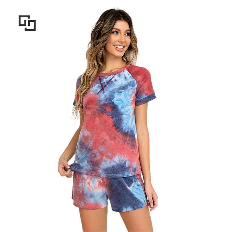 Tie Dye Bamboo Viscose Sleepwear Pajama Top-stitching Bamboo Viscose Pajamas Women Detail Raglan Pajamas Short Sleeve
