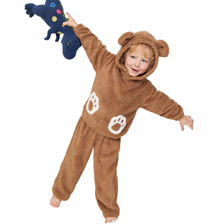 Cute Cartoon Kids Winter Pajamas Paw Print 3D Ears Design Teddy Hoodie & Pants Boys Clothing Sets