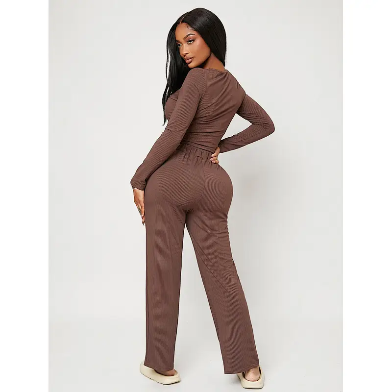 2022 Ribbed Long Woman Pajama Solid Custom Loungewear Set Winter Wholesale Vendors Women Cotton Lounge Wear