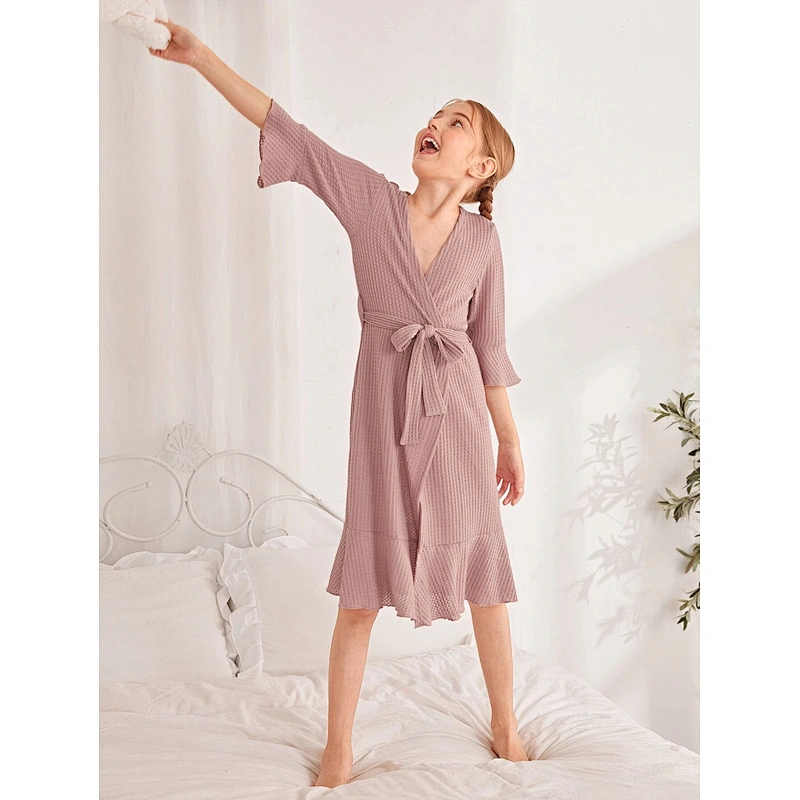 Waffle Knit Ruffle Children Sleepwear Robe Waffle Cotton Kids Girls Bath Robes