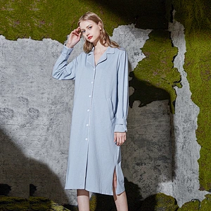 Ladies Spring Autumn Pyjama Medium Length 100% Cotton Night Dress Long Sleeves Solid Color Lapels Pajamas