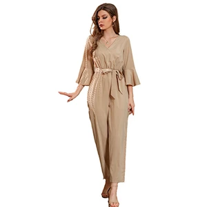 Girls Belted Flounce Sleeve Fall Elegant Romper Pyjama Femme Bamboo Onesie Women Sleepwear Adult Onesie