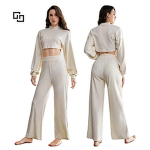 Womens Two Piece Sleep Clothing Mock Neck Drop Shoulder Crop Top And Pants Lounge Set