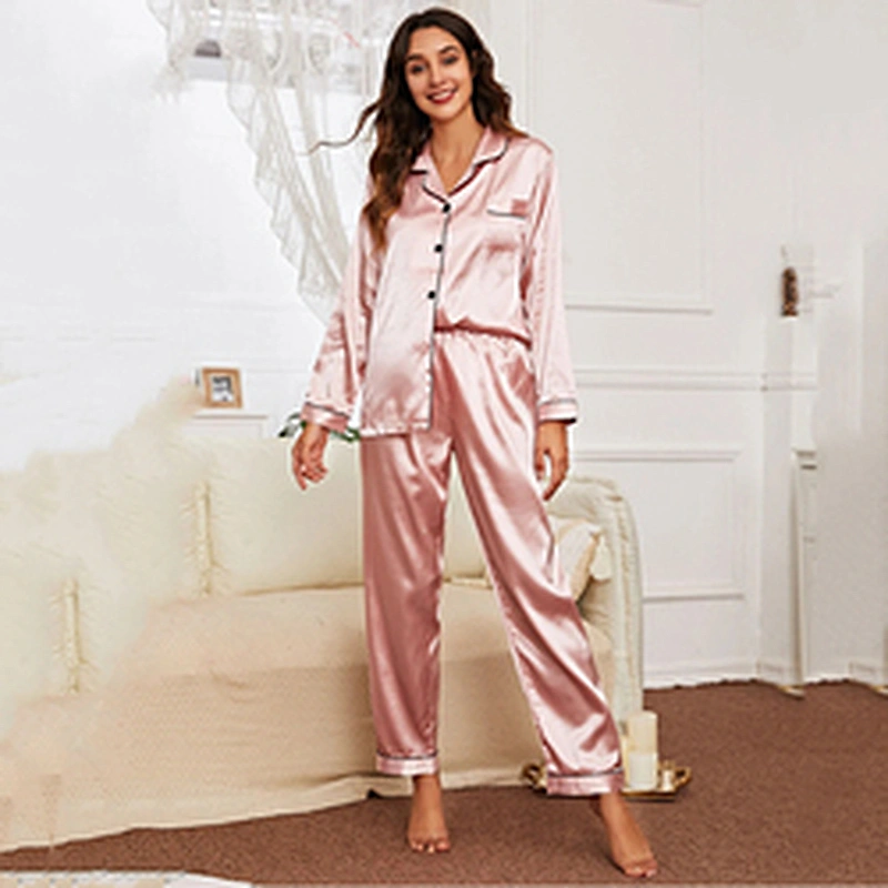 Long Sleeve Shirt and Pants Luxury Silk Pajamas Set Custom Contrast Binding Satin Pajamas