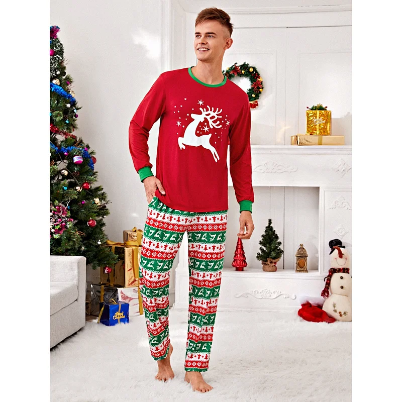 XMAS Holiday Men Sleepwear Custom Print Contrast Binding PJ Set Men Christmas Pajamas