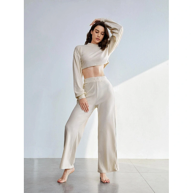 Womens Two Piece Sleep Clothing Mock Neck Drop Shoulder Crop Top And Pants Lounge Set