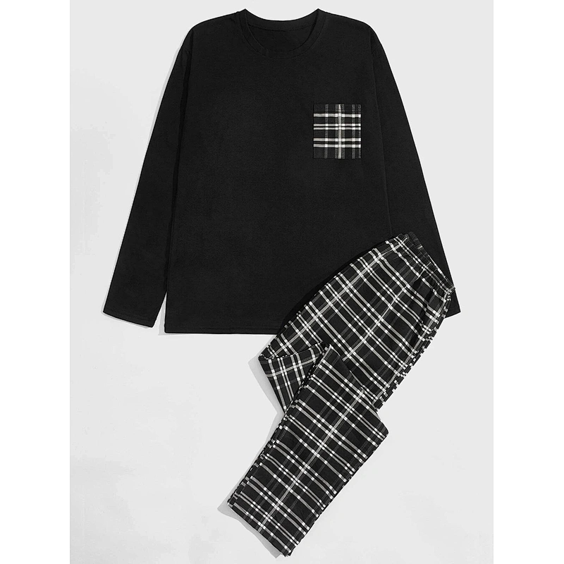 Adult Male Sleepwear Cotton Pocket Patched Tee & Plaid Print Bottoms Pants Pajamas for Men Set