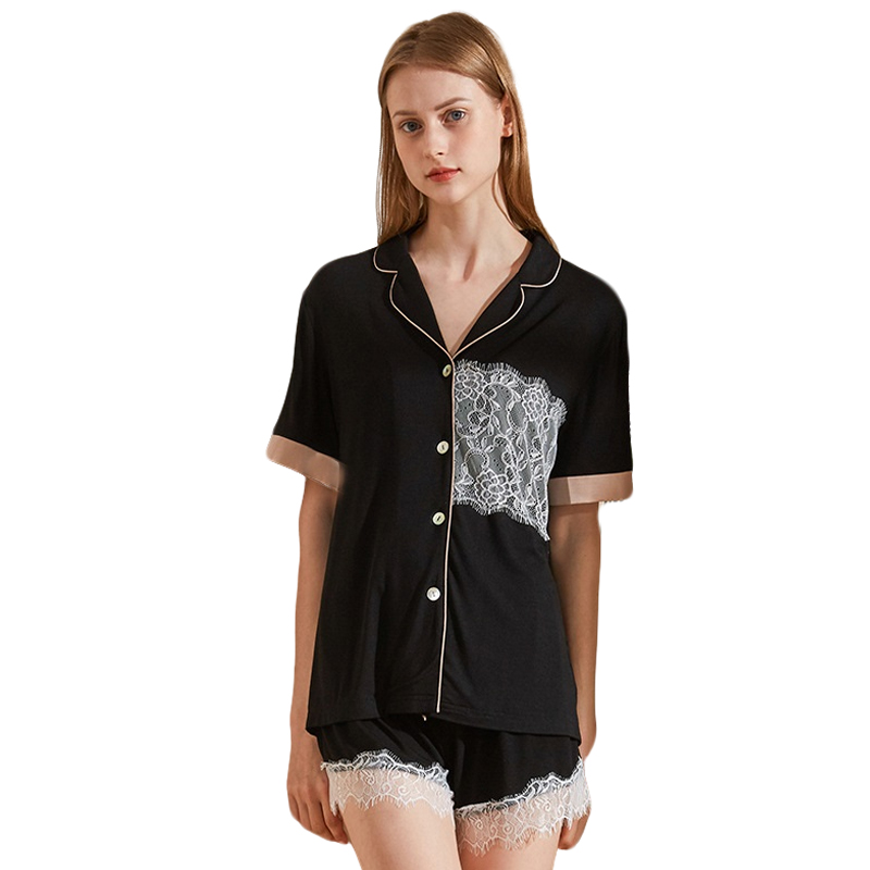 Wholesale Solid Lace Embroidery Pyjamas Sleepwear Short Classic Pajama Set Cotton Pijamas