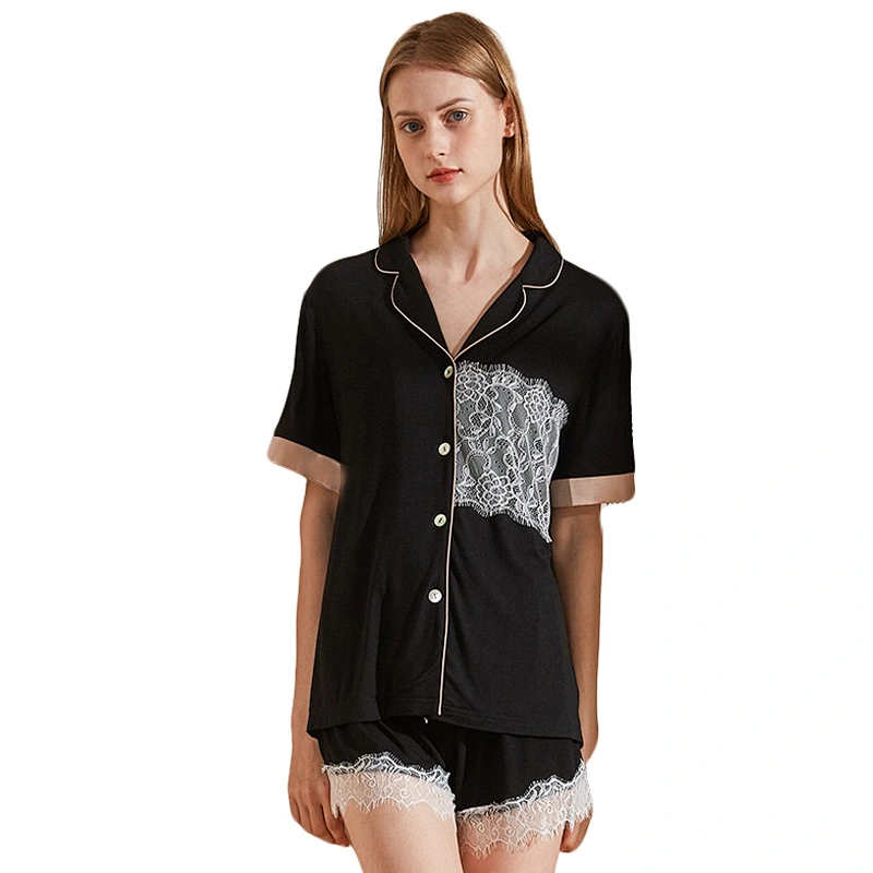 Wholesale Solid Lace Embroidery Pyjamas Sleepwear Short Classic Pajama Set Cotton Pijamas