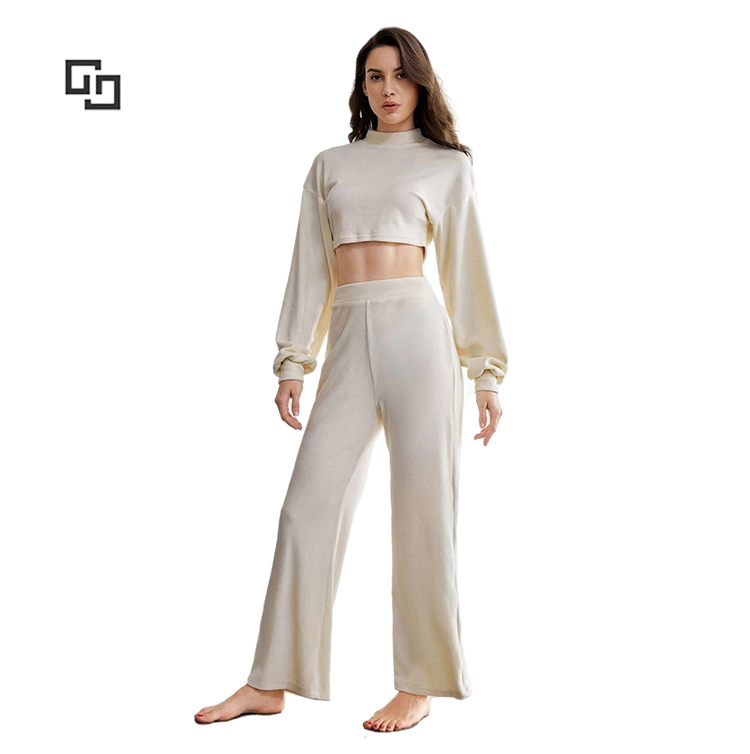 Womens Two Piece Sleep Clothing Mock Neck Drop Shoulder Crop Top And Pants Lounge Set