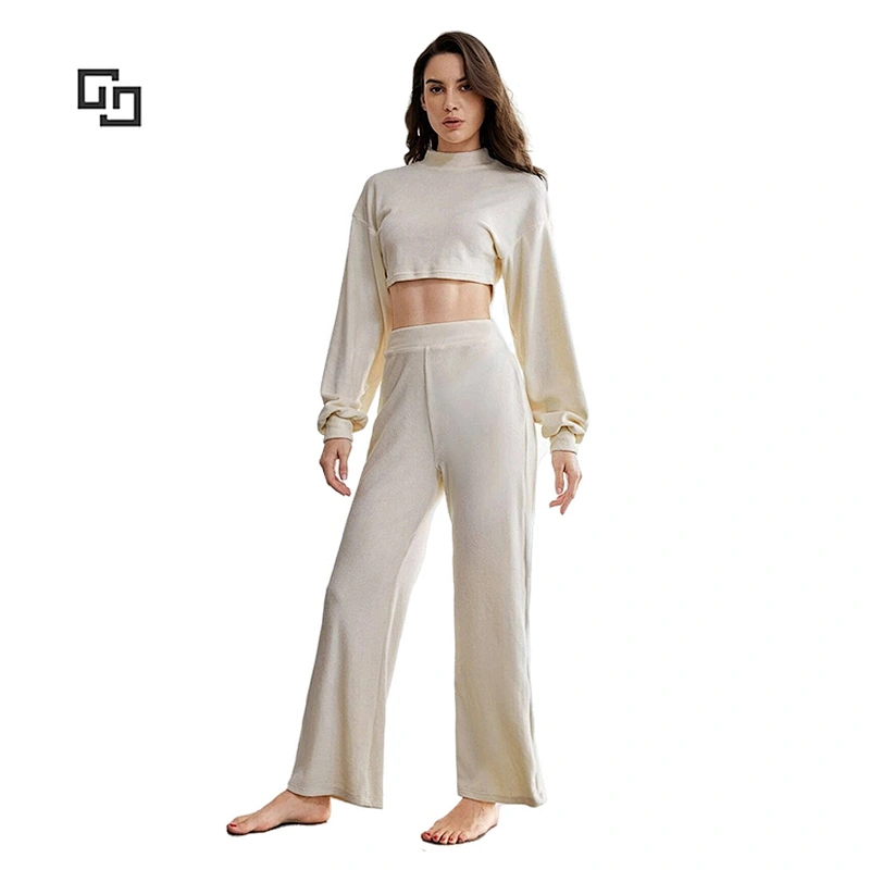 Womens Two Piece Sleep Clothing Mock Neck Drop Shoulder Crop Top And Pants Lounge Set