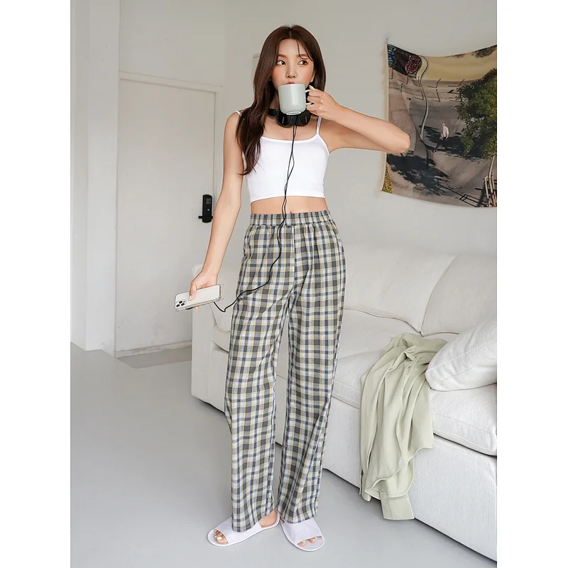 100% Cotton Lounge Pants Women Plaid Elastic Waist Wholesale Pajama Pants