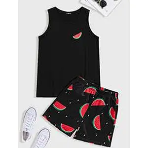 Factory supply 2 pieces knit printed100% cotton ribbed Pajamas private lable men watermelon print tank top shorts pajama set