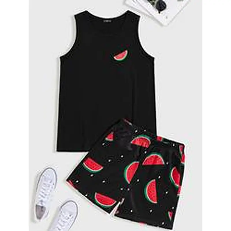 Factory supply 2 pieces knit printed100% cotton ribbed Pajamas private lable men watermelon print tank top shorts pajama set
