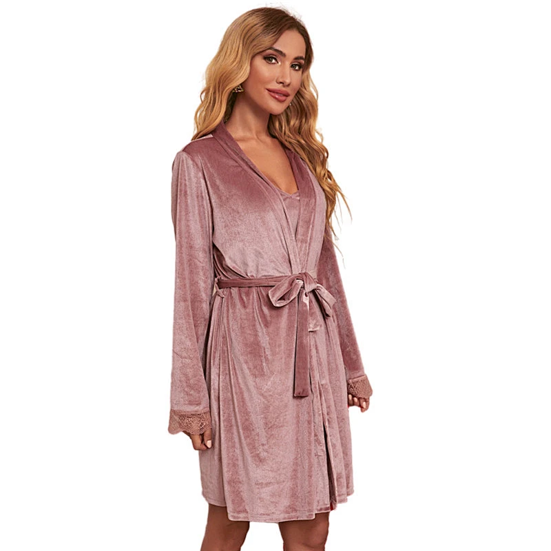 Luxury Lace Cami Shorts 3 Pieces Loungewear Sets Cozy Wholesale Winter Long Bath Robe Velvet Women Robe Set