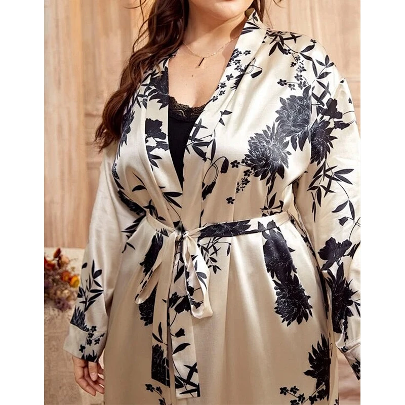 Satin Robes Women Long Beige Sleep Dresses for Women Plus Satin Floral Belted Night Gowns for Ladies