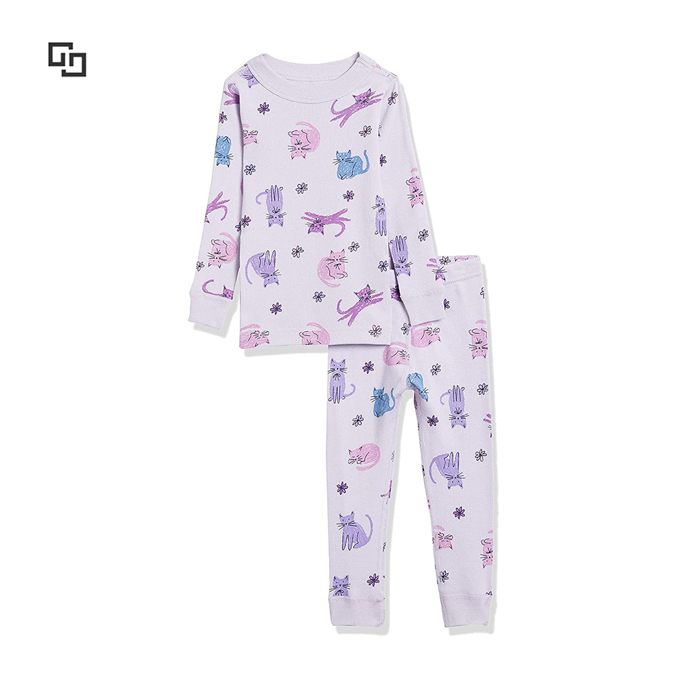 2022 Kid Pijamas 2 Piece Long Sleeve Cute Cat Print Animal Cotton Pajama Set for Kids