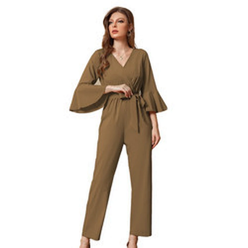 Girls Belted Flounce Sleeve Fall Elegant Romper Pyjama Femme Bamboo Onesie Women Sleepwear Adult Onesie