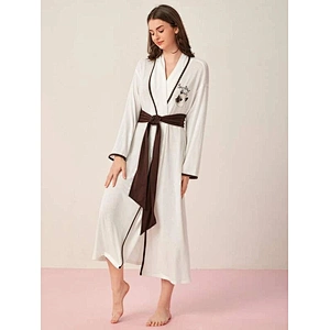Cartoon Letter Graphic Wholesale Bathrobe Contrast Binding Belted Long Women Robes