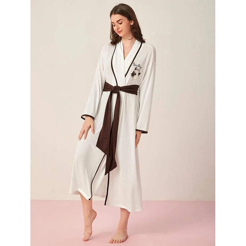 Cartoon Letter Graphic Wholesale Bathrobe Contrast Binding Belted Long Women Robes