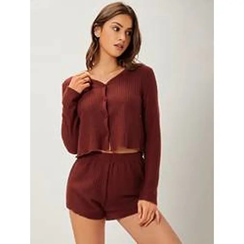 Wholesale Lounge Wear V Neck Button Front Tee & Shorts Lounge Set Women Loungewear Sets