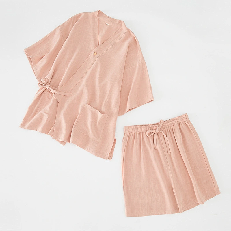 Belt Cozy 2 Pieces Breathable Solid Pajamas Woven Summer Short Cotton Pyjama Linen Women Lounge Wear