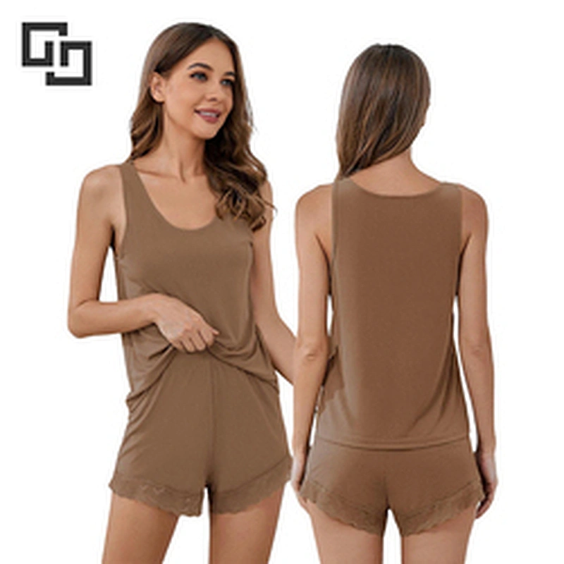 Solid Tank Top & Lace Trim Shorts PJ Set Cotton Lounge 2 Piece Pajamas Set