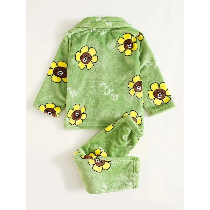 Winter Kids Girls Polka Dot And Cartoon Graphic Flannel Pajamas Set