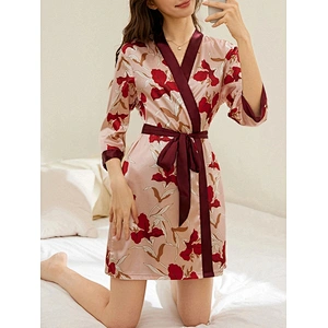 2022 Femme En Floral Print Contrast Trim Belted Satin Sleep Robe