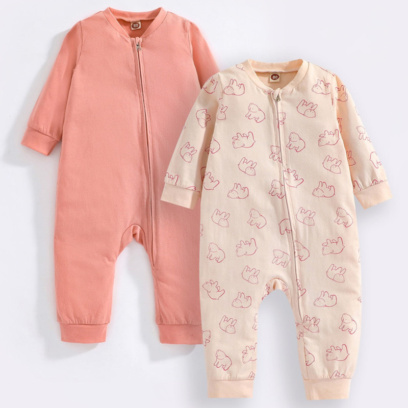 Wholesale Baby Girls' Rompers Zipper Knit Solid Clothes Jumpsuits 100% Cotton Baby Onesie